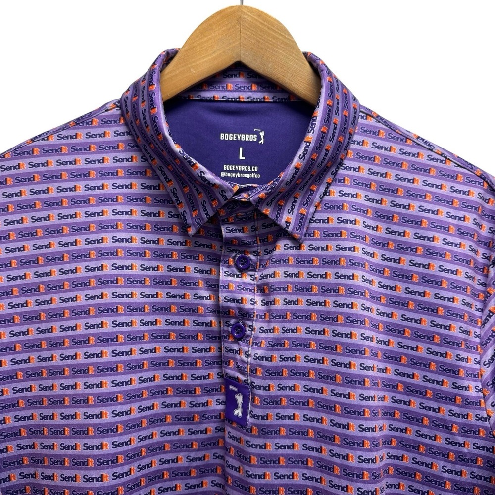 Bogey Bros Mens Size Large Send It AOP Performance Purple Stretch Polo Shirt euc